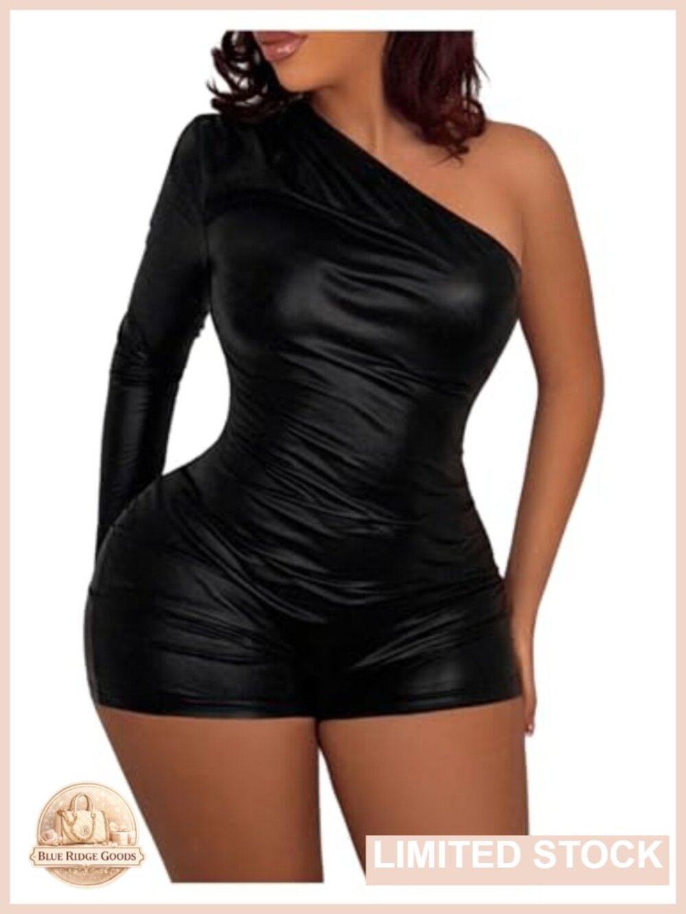 Faux Leather One Shoulder Long Sleeve Ruched Skinny Romper
